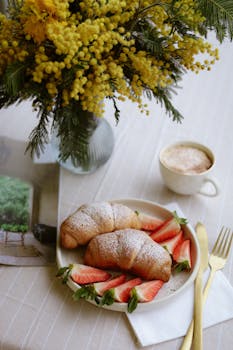 Elegant breakfast setup with croissants, strawberries, cappuccino, and floral decor.