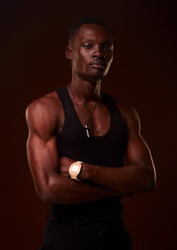 Portrait of a confident young man in a dark studio setting with crossed arms and a watch.