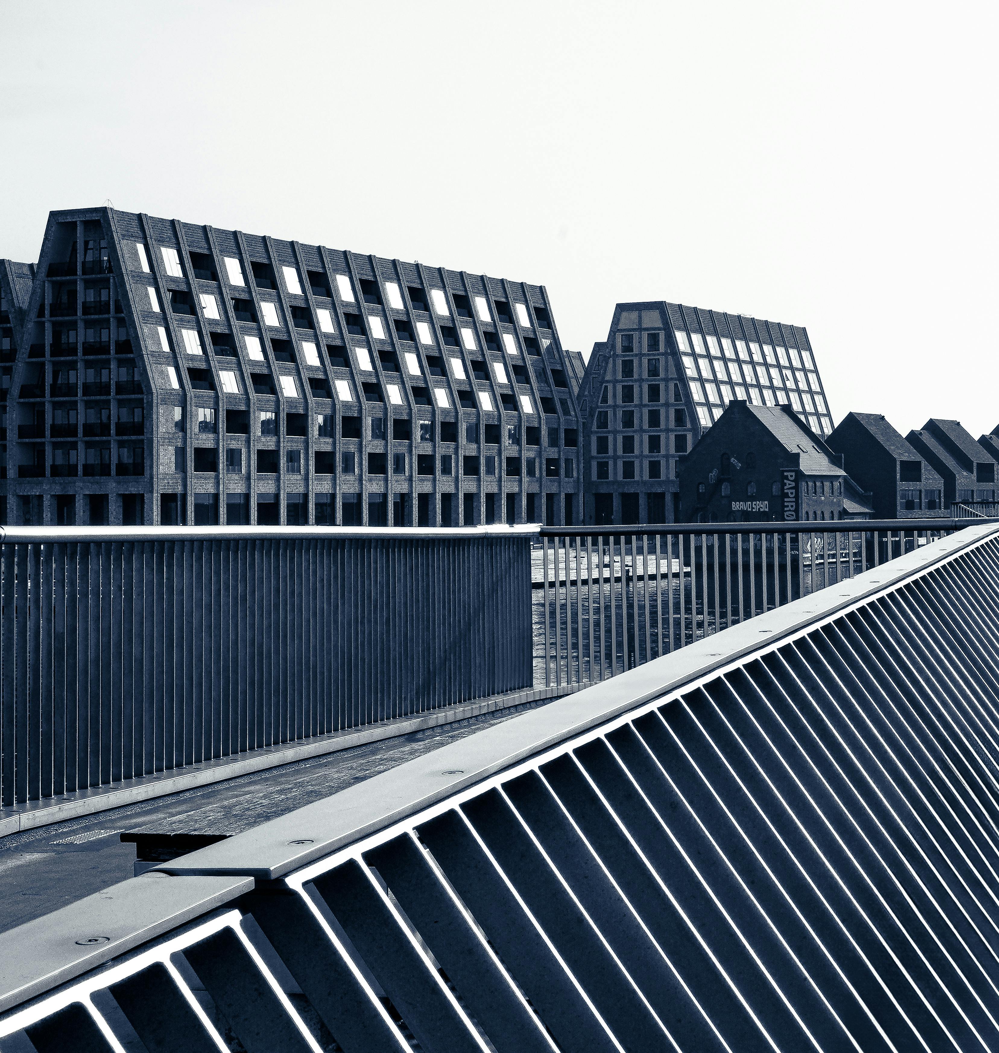Contemporary buildings in Copenhagen, Denmark, showcasing geometric design and minimalist style.