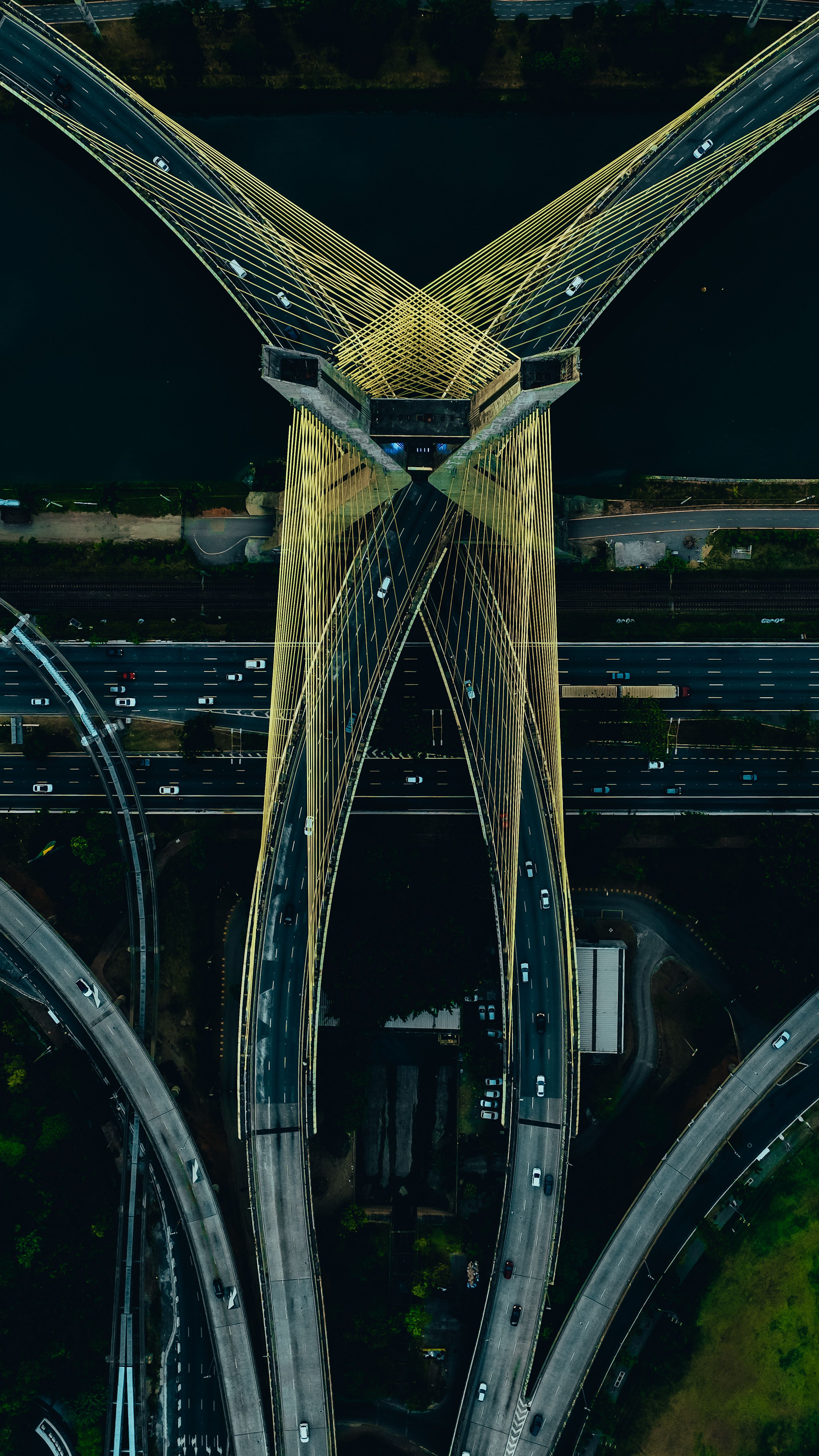 Aerial View of Cable-Stayed Bridge at Night · Free Stock Photo