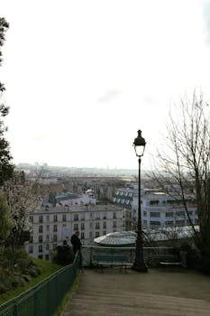 Scenic view of Paris skyline from a park with vintage lamp post and trees.