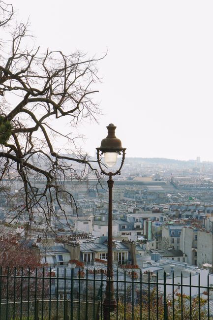 A scenic view of Paris rooftops from Montmartre featuring a vintage street lamp and bare tree branches.