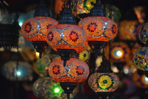 Free Colorful mosaic lamps lit up at Surajkund Mela, Haryana, India. Stock Photo