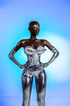 A striking portrait of a woman in silver futuristic attire with a blue gradient backdrop.