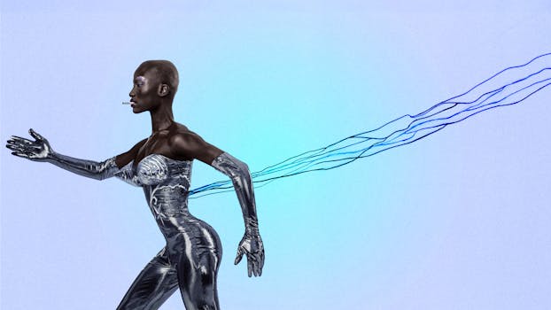 A futuristic art piece showcasing a cybernetic fashion model with wires, set against a light blue background.