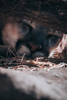 A serene close-up of a sleeping cougar, showcasing its peaceful expression amidst natural surroundings.