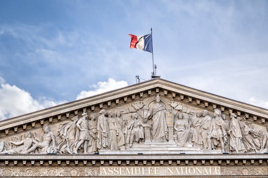 Facade of the French National Assembly building in Paris, showcasing its classical architecture.