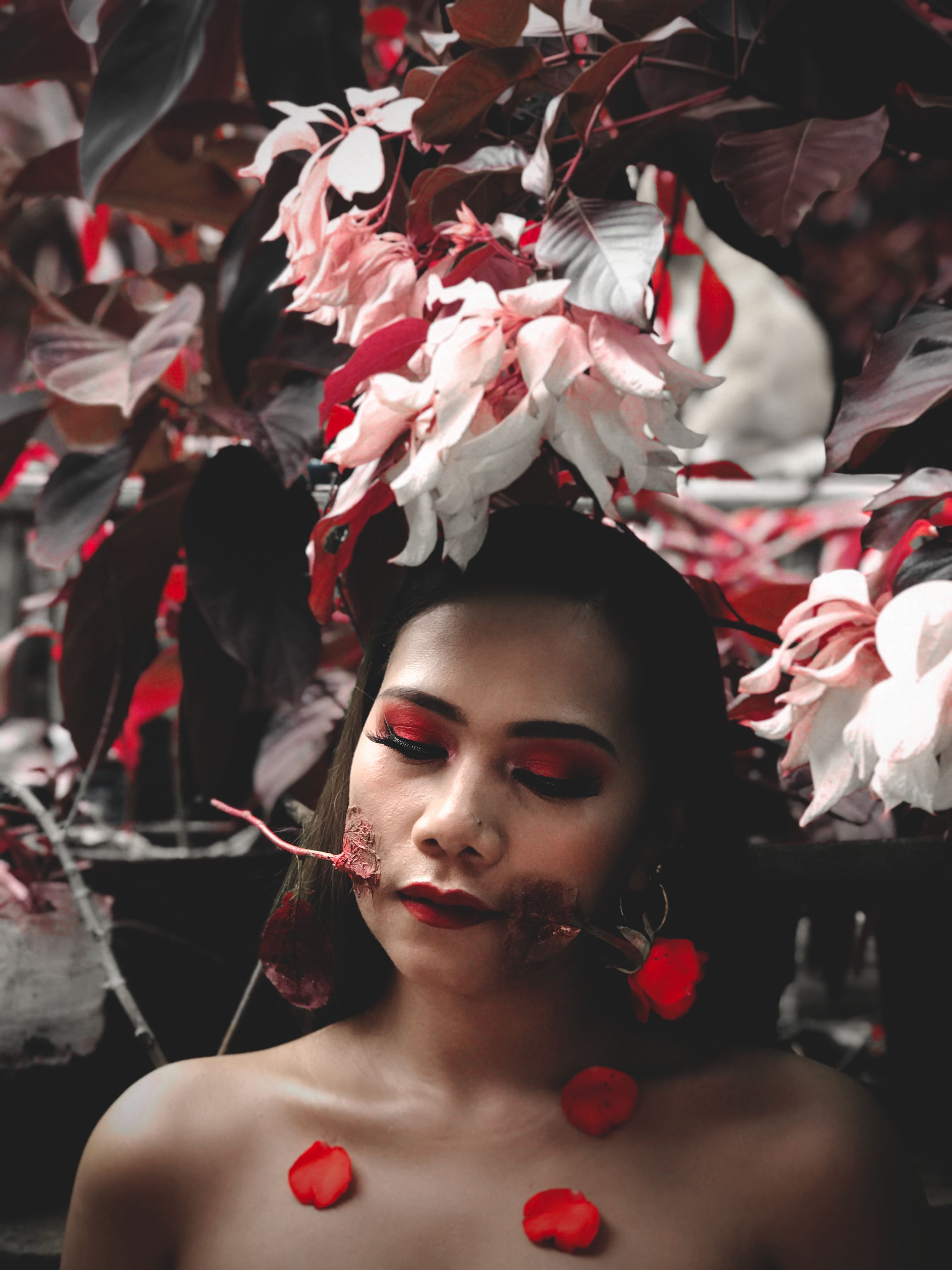 Woman In Ruffled Roses Woman With Red Rose · Free Stock Photo