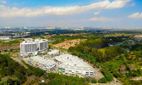 A stunning aerial view of a commercial area in Shah Alam, Selangor, Malaysia showcasing vibrant architecture and lush greenery.
