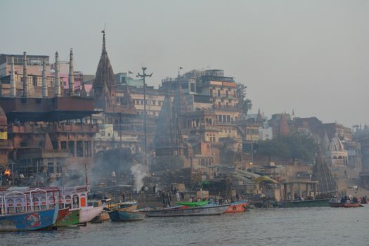 Dawn Ganges boat with a priest — Varanasi