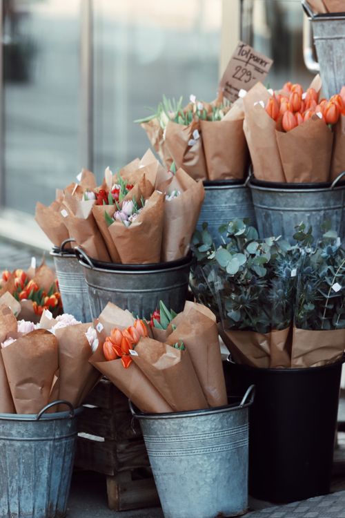 Free Brightly colored flower bunches displayed in metal buckets at Gothenburg outdoor market. Stock Photo