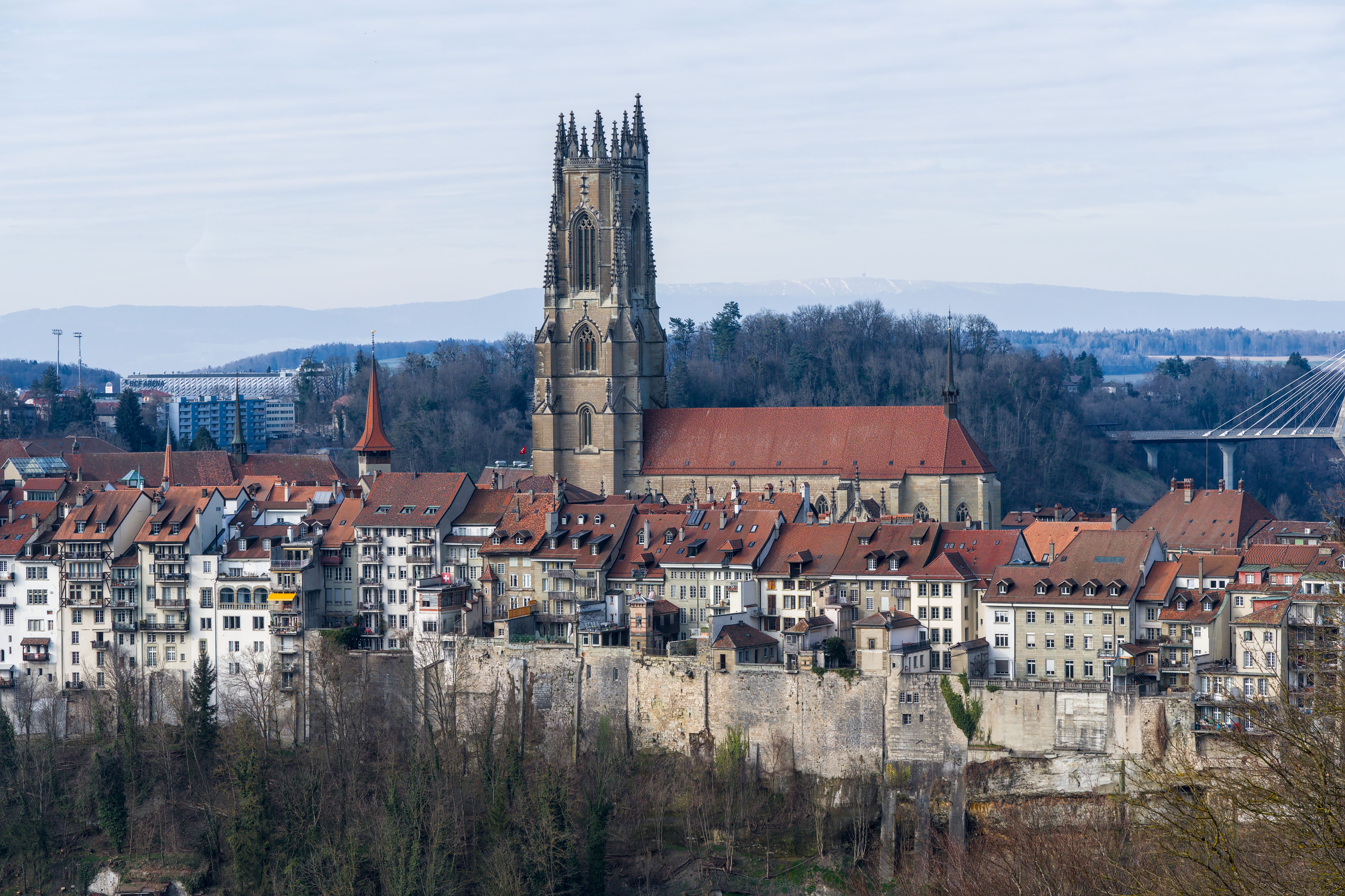 A scenic view of St. Nicholas Cathedral and Fribourg's historic skyline.
