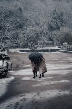 Couple walking under umbrella during snowfall in a serene Istanbul park setting.