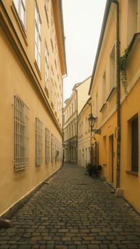 Explore a quaint cobblestone alley with vintage European architecture.