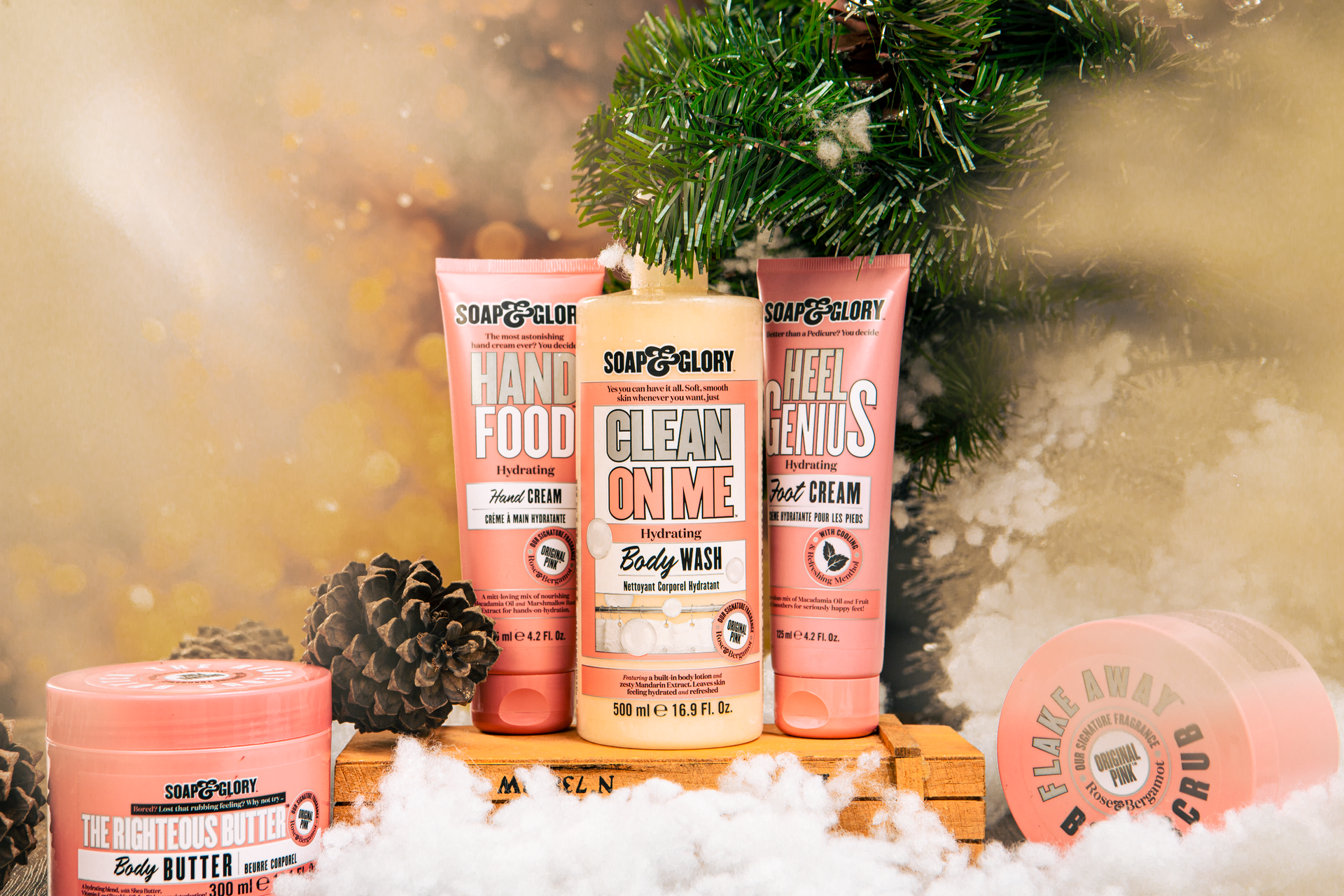 Stylish Soap & Glory skincare set displayed with festive decor, highlighting holiday skincare essentials.