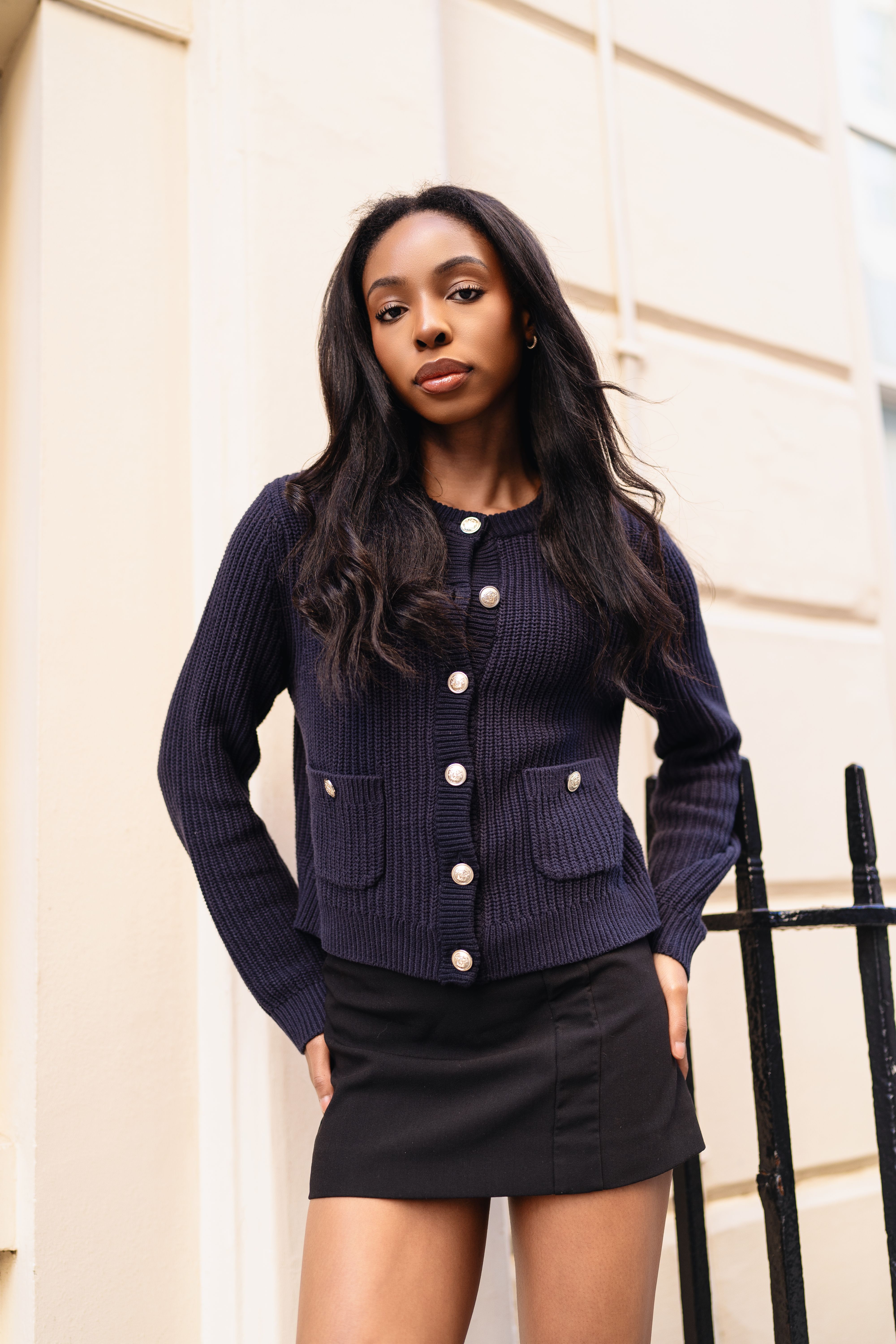 Woman in knit twinset and pencil skirt
