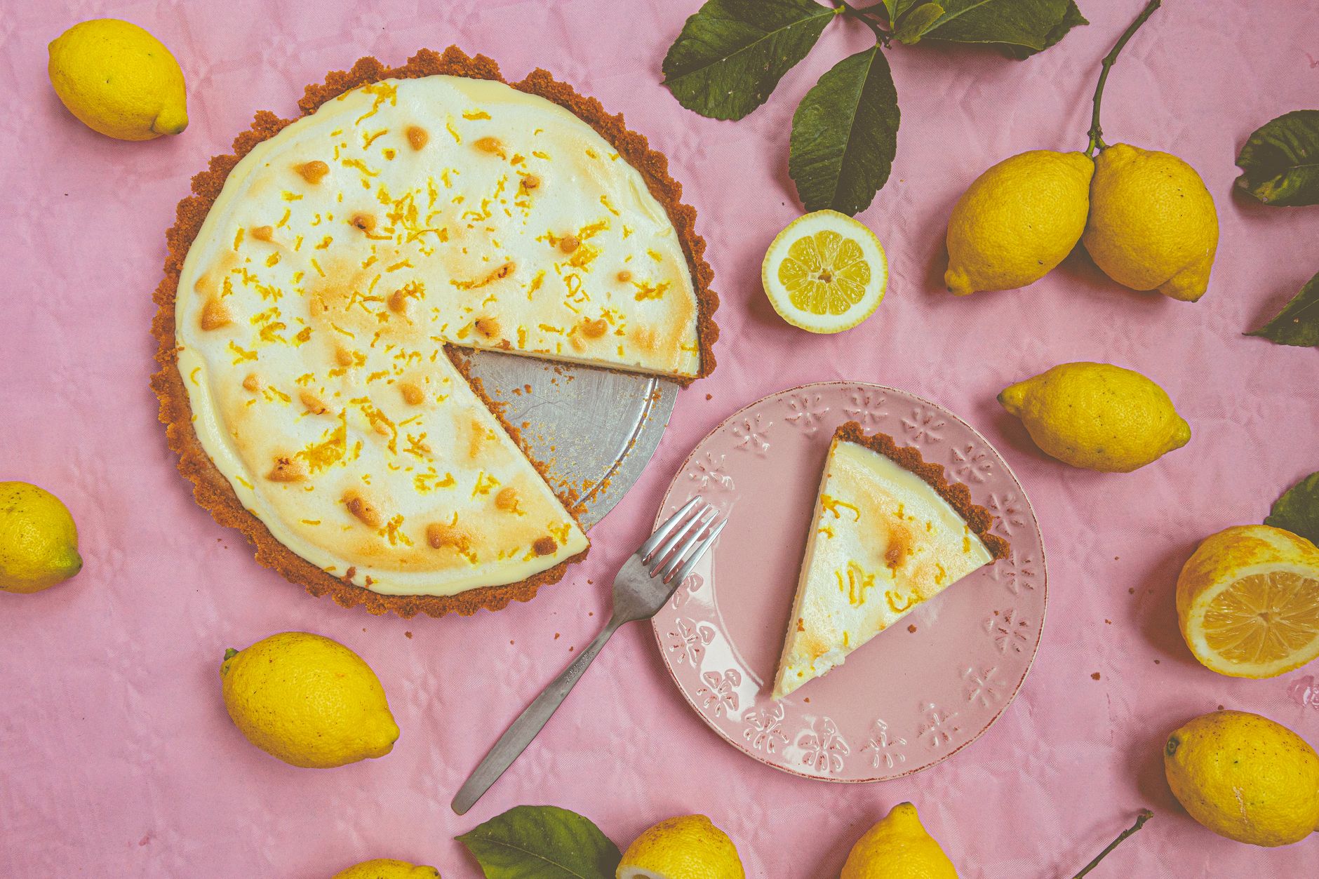 Whole triple lemon tart fresh from the oven