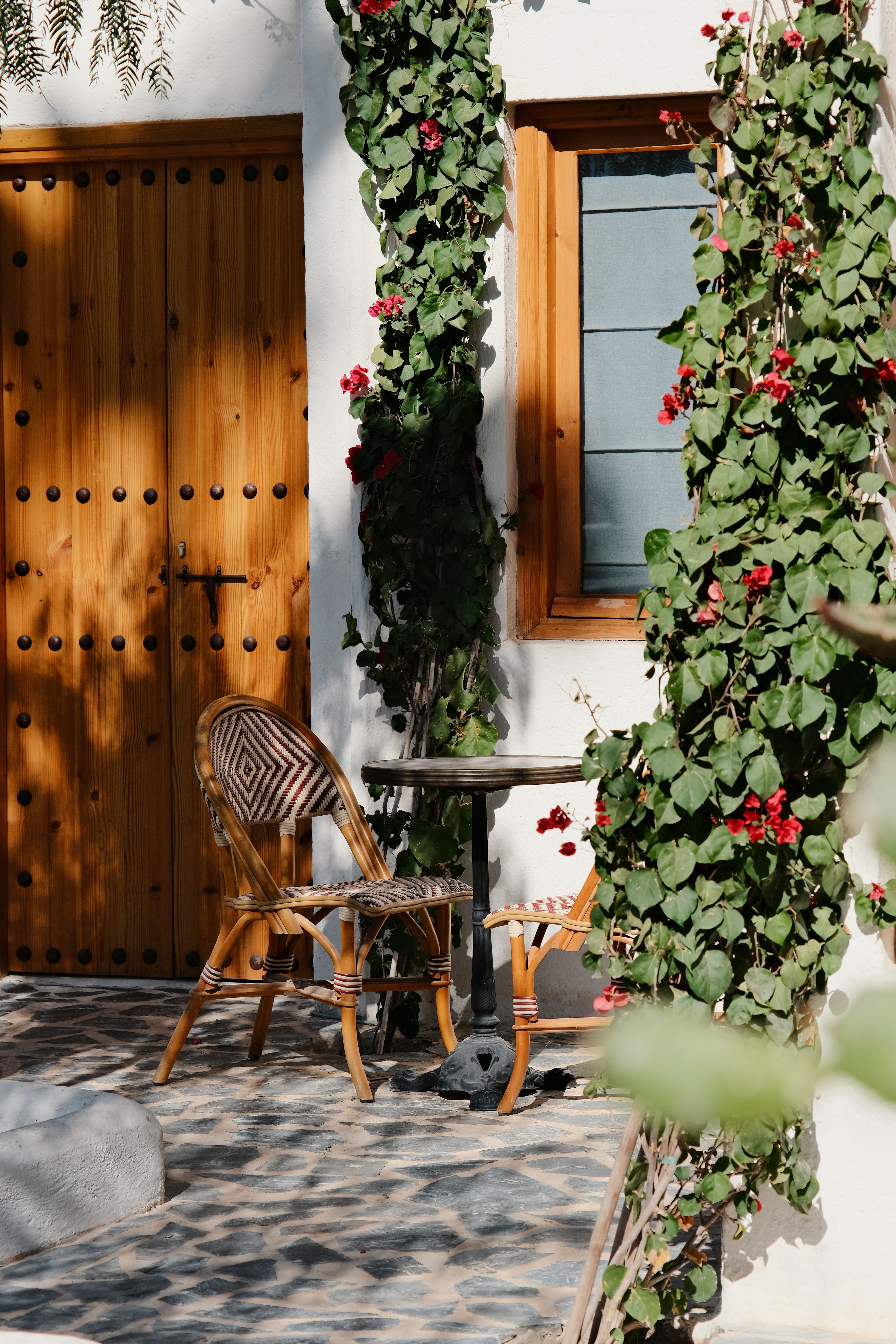 Serene Moroccan patio featuring climbing roses, wooden door, and cozy seating in Aguergour.