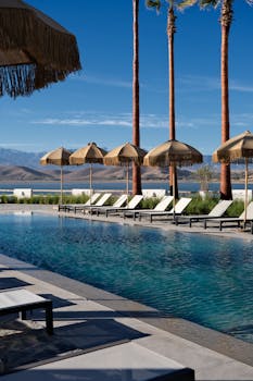 Serene poolside view with loungers and umbrellas, Aguergour, Morocco.