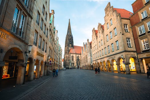 Picturesque street view in Münster, Germany showcasing a prominent Gothic church and historic buildings.