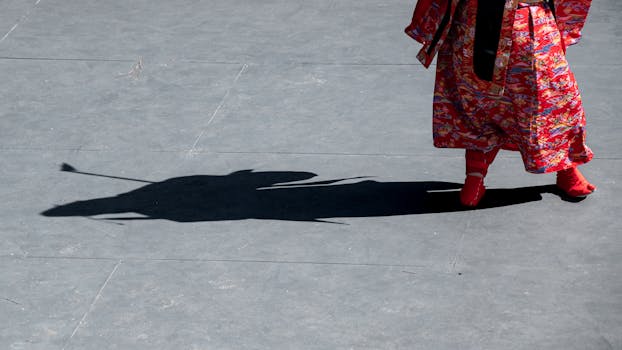 Shadow of a Japanese performer in traditional attire on a sunny day in Buenos Aires.