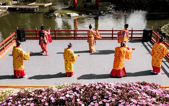 Traditional Japanese dance performance in Buenos Aires' Japanese Garden with colorful kimonos.