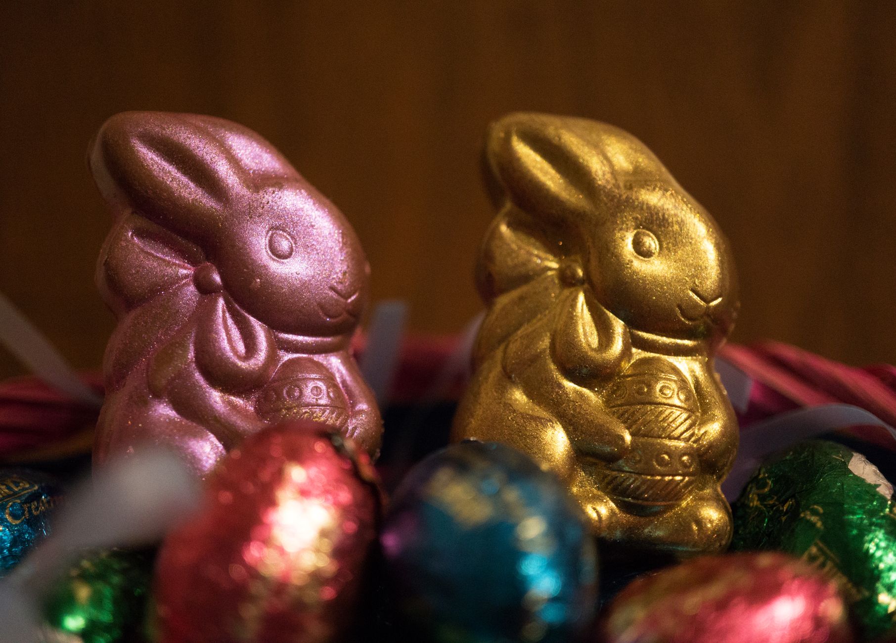Melting face of chocolate Easter bunny with caramel and marshmallow filling