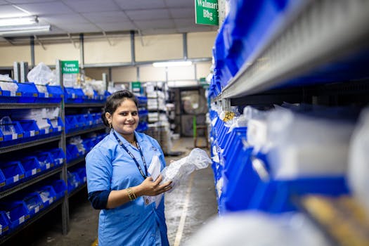 Smiling woman in a warehouse organizing inventory on shelves with blue bins.