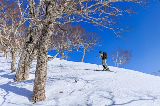 Skier navigating a snowy mountain slope under clear blue skies.