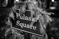 Classic black and white photo of Pulaski Square sign in Savannah, Georgia.