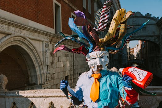 A vibrant masquerade figure in an elaborate costume by a Venetian bridge during daylight.
