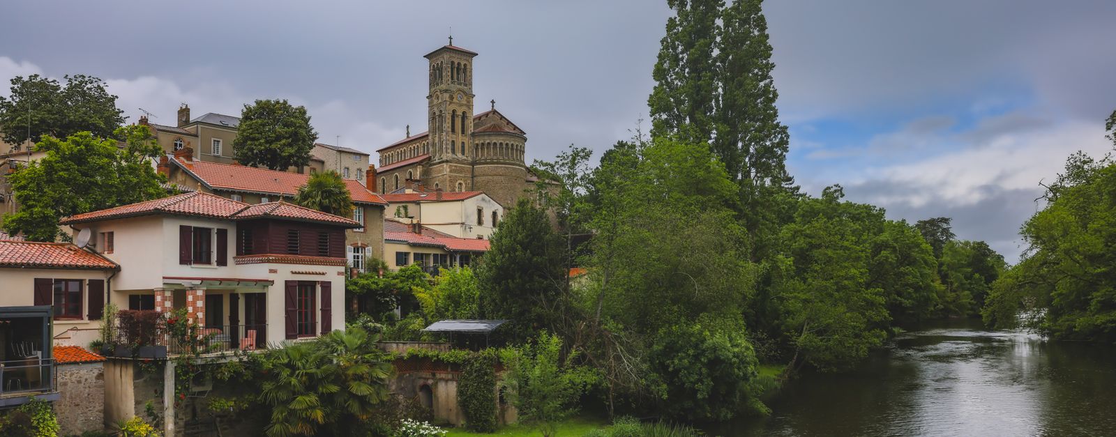 Picturesque scene of Clisson with its historic architecture by the river Loire in France.