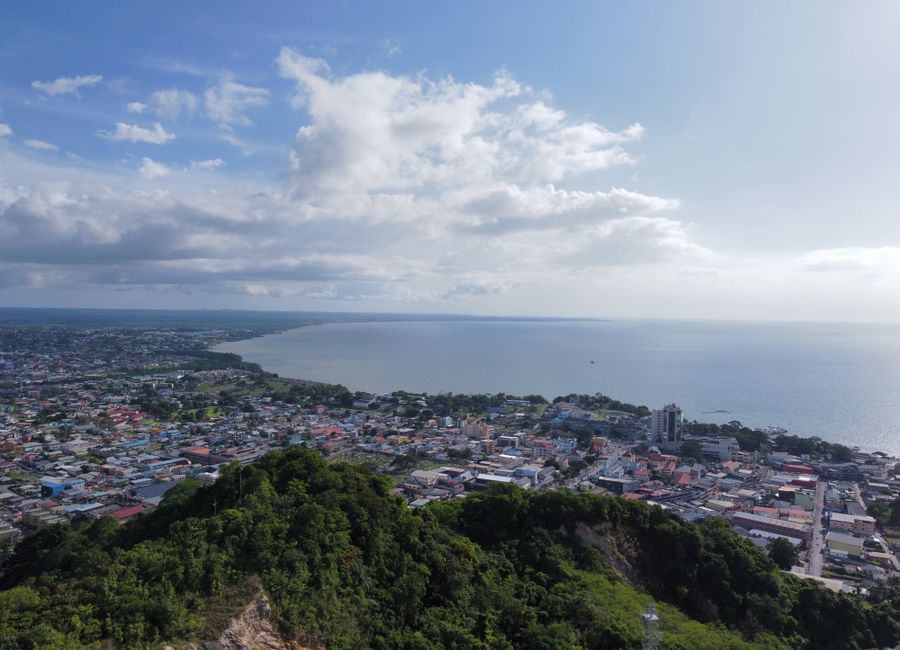Aerial shot of a vibrant coastal city bordered by lush greenery and calm sea under a bright sky.