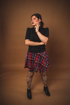 Stylish woman in plaid skirt and fishnet stockings posing confidently in a studio setting.