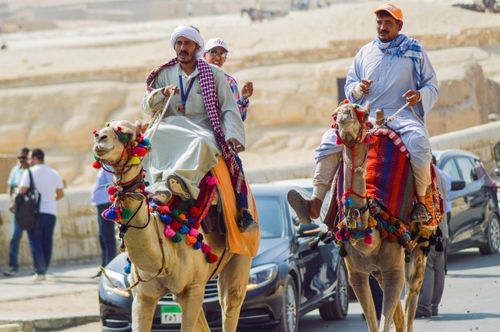 Free Camel riders in traditional attire explore the iconic Pyramids of Giza on a sunny day. Stock Photo