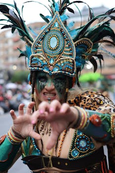 Captured moment of a performer in colorful costume at Badajoz Carnival.