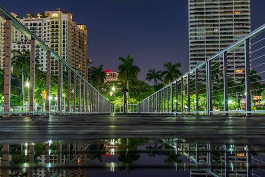 现代建筑的夜间景观令人惊叹，桥梁与倒影相映成趣，非常适合城市和建筑主题