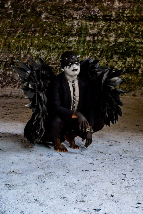 Free A person in a dark, feathered costume and body paint poses elegantly. Stock Photo