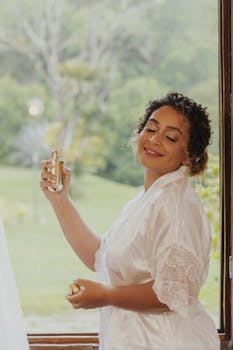 Woman in white silk robe sprays perfume, enjoying the fresh scent by a window in a serene setting.