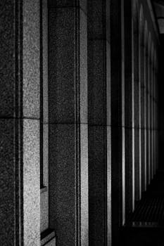 Black and white image of lined architectural columns in Buenos Aires.