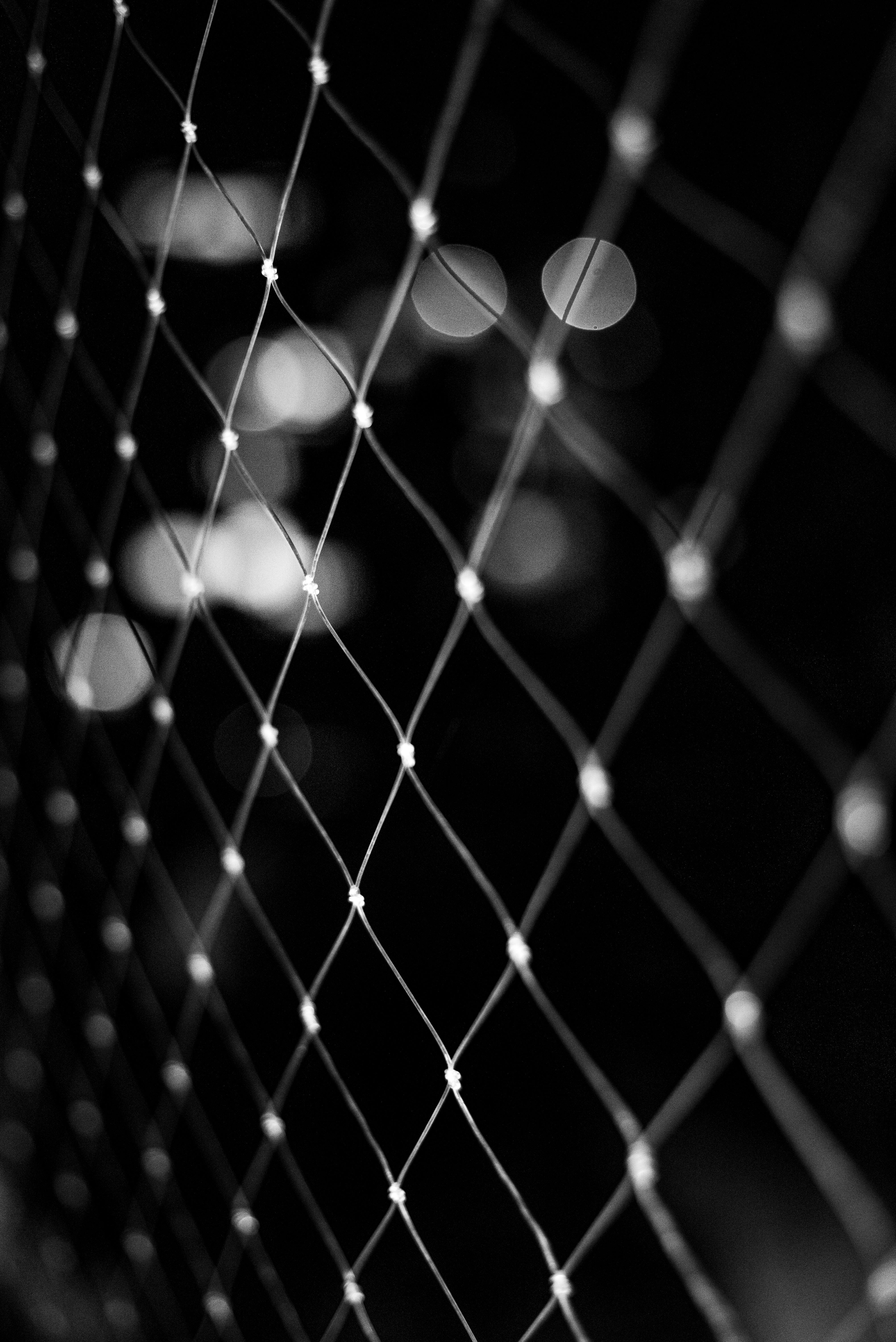 무료 부에노스 아이레스의 흐릿한 조명을 배경으로 한 철조망의 흑백 사진입니다. 스톡 사진