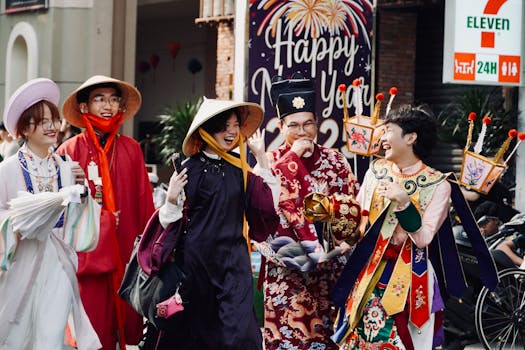 Group in colorful cultural costumes celebrating New Year outdoors.