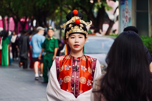 Free Woman in ornate traditional Asian dress and headdress captured at an outdoor event with blurred people in background. Stock Photo