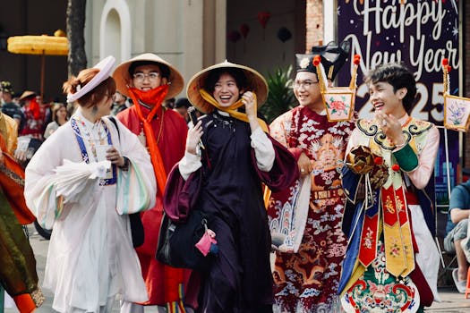 Group of people in colorful traditional dresses celebrating New Year with festive joy.