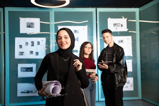 A diverse team of young adults collaborating in a modern office setting, showcasing teamwork and innovation.