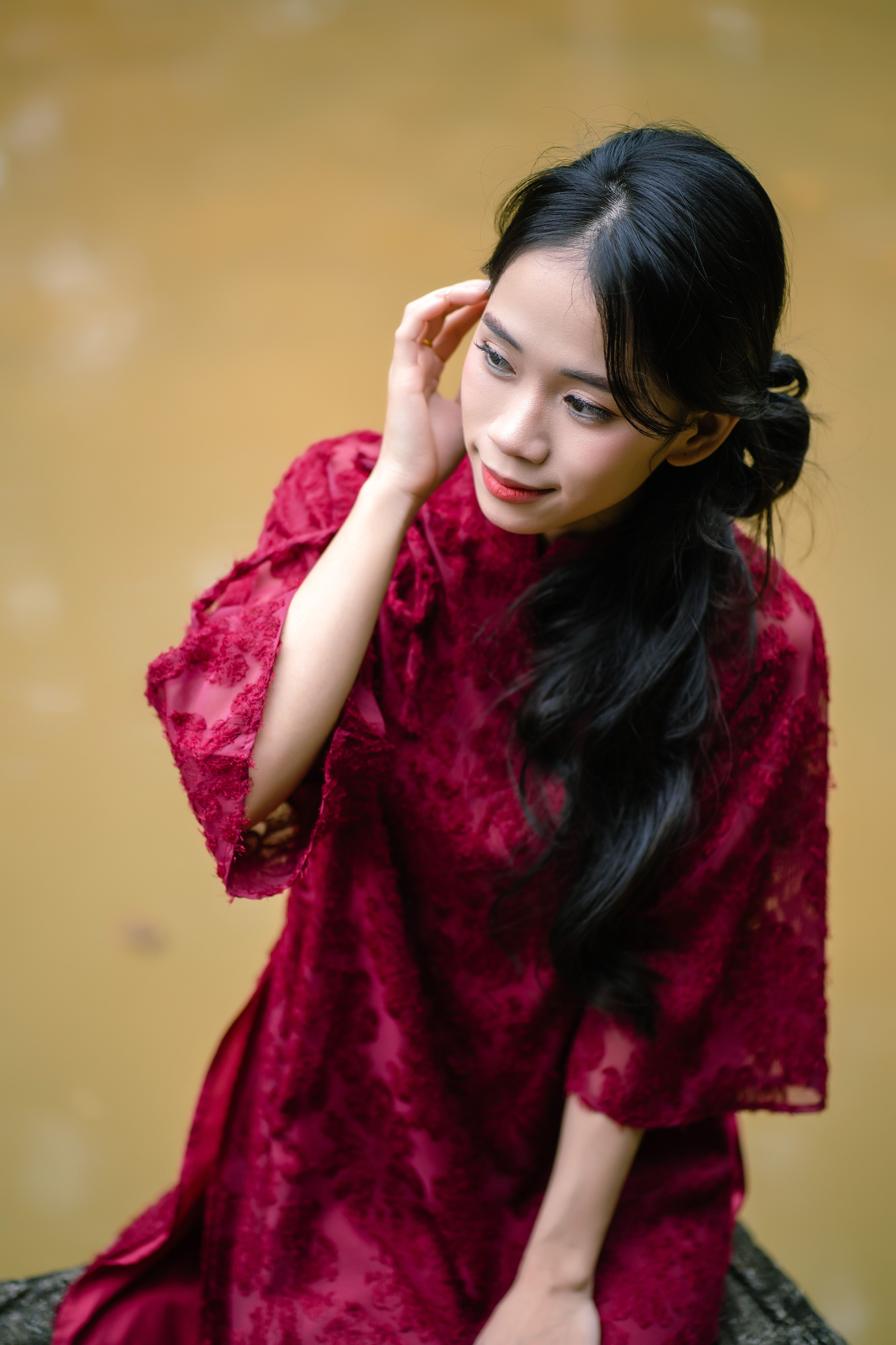 Elegant Woman in Red Dress Outdoors Portrait · Free Stock Photo