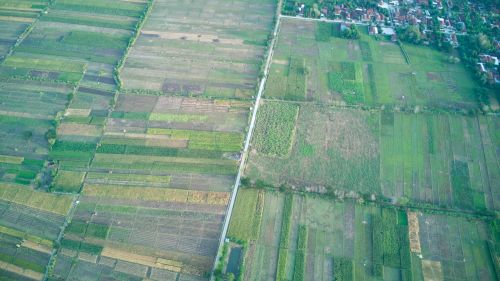 Free Aerial photograph showcasing the patchwork of rural agricultural fields near Blitar, Indonesia. Stock Photo