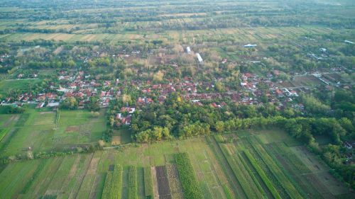 Free Aerial photograph showcasing Indonesian countryside with vibrant green fields and traditional village. Stock Photo