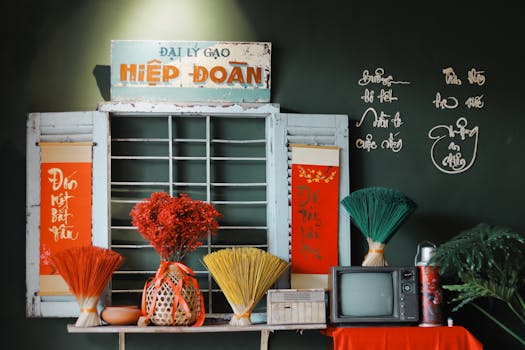 Colorful Vietnamese interior with vintage elements, featuring an old TV, flowers, and traditional decor.