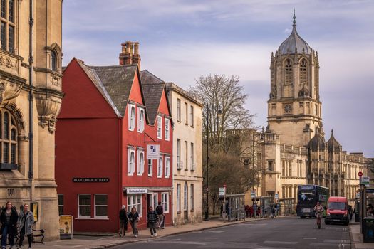 Scenic view of Christ Church College and street in Oxford, England, on a clear day.